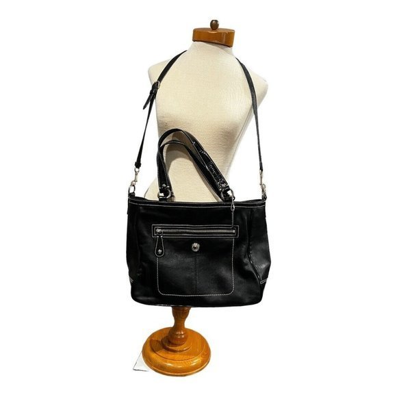 Coach Black Leather and Patent Tote Handbag Laura F14887 Coach Tag Blue Lining - Picture 1 of 16